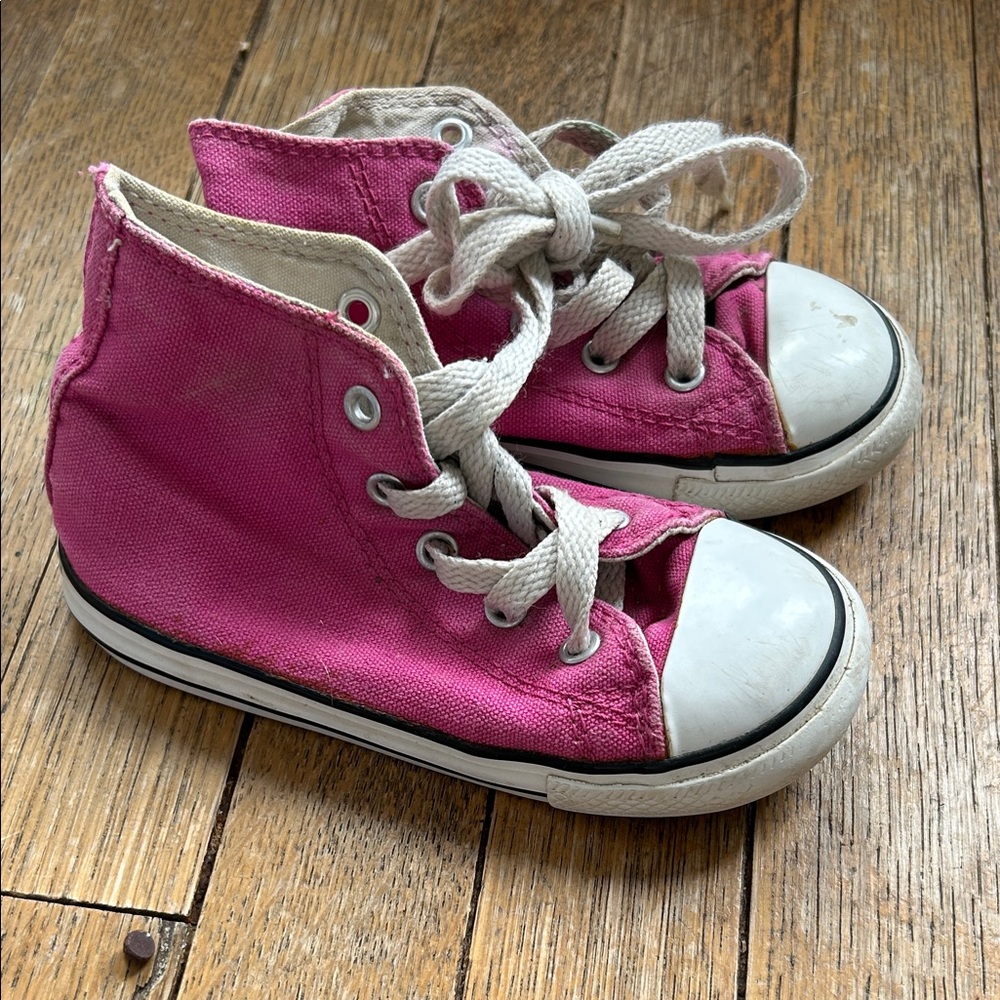 Girls' Hot Pink Canvas High-Top Sneakers with White Laces